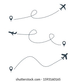 Airplane line path vector icon of air plane flight route with start point and dash line isolated on white background. Suitable for trip and travel template. Vector Illustration