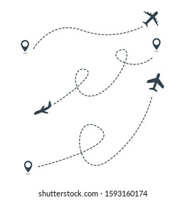 Airplane line path vector icon of air plane flight route with start point and dash line isolated on white background. Suitable for trip and travel template. Vector Illustration