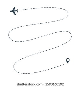 Airplane line path vector icon of air plane flight route with start point and dash line isolated on white background. Suitable for trip and travel template. Vector Illustration