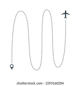 Airplane line path vector icon of air plane flight route with start point and dash line isolated on white background. Suitable for trip and travel template. Vector Illustration