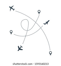Airplane line path vector icon of air plane flight route with start point and dash line isolated on white background. Suitable for trip and travel template. Vector Illustration