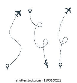 Airplane line path vector icon of air plane flight route with start point and dash line isolated on white background. Suitable for trip and travel template. Vector Illustration