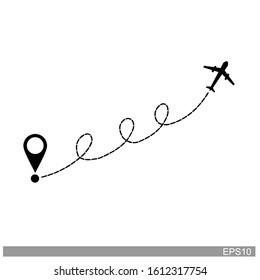 Airplane line path vector icon of air plane flight route with start point and dash line trace.vector illustration