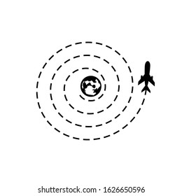 Airplane line path vector icon of air plane flight route with start point and dash line trace