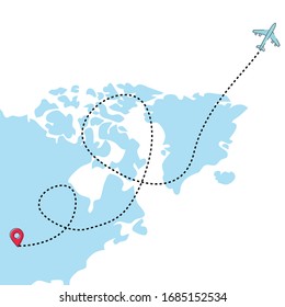 Airplane line path vector icon of air plane flight route with start point and dash line trace Vector illustration