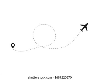 Airplane line path vector icon illustration of air plane flight route with start point and line trace isolated on white background