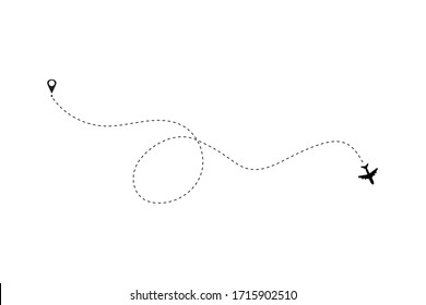 Airplane line path vector icon of air plane flight route with start point and dash line trace