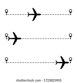 Airplane line path vector icon illustration of flight route with start point and line trace isolated on white background