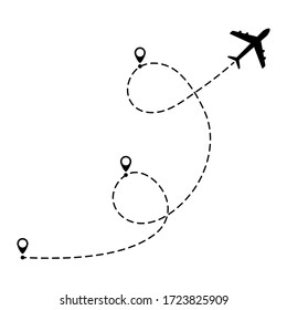 Airplane line path vector icon illustration of flight route with start point and line trace isolated on white background