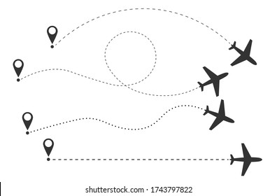 Airplane line path vector icon of air plane flight route with start point and dash line trace. Isolated on white background. Travel plane traffic template. Aircraft logo symbol sign.