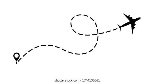 Airplane line path vector icon of air. Plane flight route with start point and dash line trace. Vector illustration