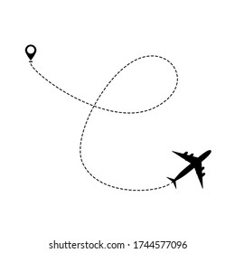 Airplane line path vector icon of air. Plane flight route with start point and dash line trace. Vector illustration