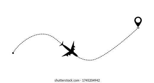 Icono del vector de la trayectoria de la línea del avión. Ruta de vuelo del avión con punto de inicio y trazos de línea de guion. Ilustración del vector