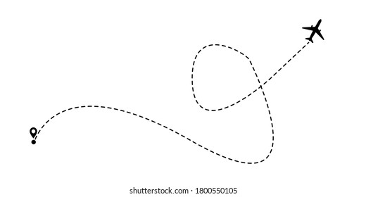 Airplane line path vector icon of air plane flight route with start point and dash line trace