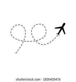 Airplane line path vector icon illustration of air plane flight route with start point and line trace isolated on white background