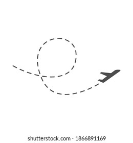 Airplane line path vector icon. Travel concept. Air plane flight route with start point and line trace isolated on white background