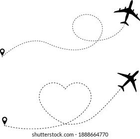 Airplane line path vector icon of air plane flight route with start point and dash line trace