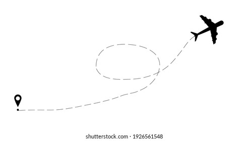 Airplane line path vector icon of airplane flight route with start point and dash line trace