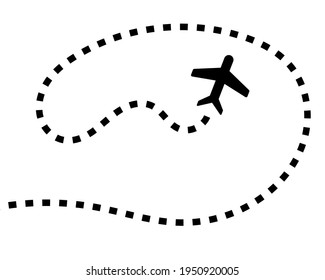 Airplane line path vector icon of start point and dash line trace for air trip or travel.