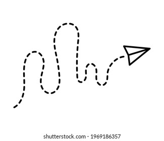 Airplane line path vector icon of air plane flight route with start point and dash line trace.