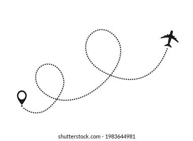 Icono vectorial de trayectoria de línea del avión de la ruta de vuelo del avión con trazos de punto de inicio y línea de guion. Ilustración del vector