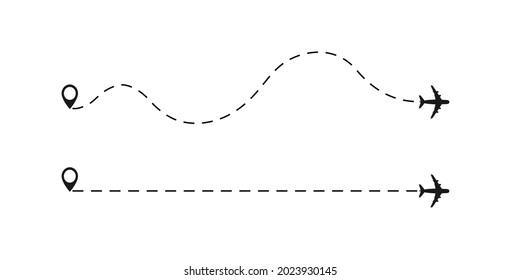 Airplane line path vector icon of air plane flight route with start point and dash line trace
