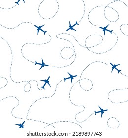 Airplane line path vector icon of air plane flight route with dash line trace. Seamless pattern. Aircraft icon with route path track in blue and white. Airplane minimal vector illustration.