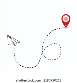 Airplane line path vector icon of air plane flight route with start point and dash line