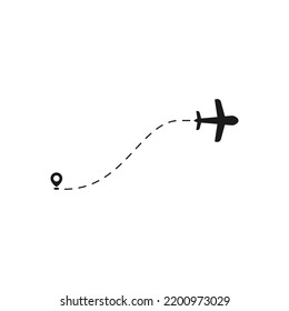 Airplane line path vector icon of air plane flight route with start point and dash line trace