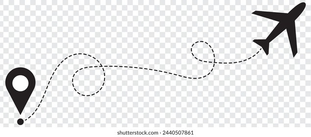 Icono de vector de trayectoria de línea de avión de ruta de vuelo de avión con punto inicial y traza de línea de guión