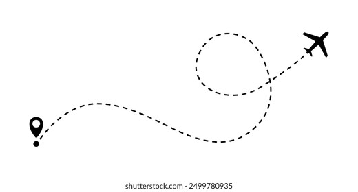 Airplane line path vector icon of air plane flight route with start point and dash line trace. Eps 10.