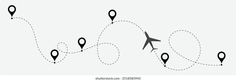 Airplane line path vector icon set of air plane flight route with start point and dash line trace. Various aircraft and destination location pins icons. Airplane line path route travel vector