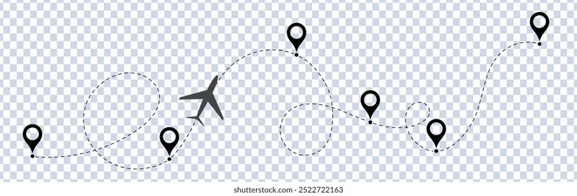 Ícone vetorial do percurso da linha do avião conjunto de rotas de voo do avião com ponto inicial e traço de linha traço. Vários ícones de localização de aeronaves e destinos. Vetor de viagem da trajetória da linha do avião
