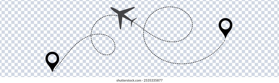 Airplane line path vector icon. Airplane Plane routes line set. Planes dotted flight pathway. Plane paths. Aircraft tracking, planes, travel, vector symbol on transparent background.