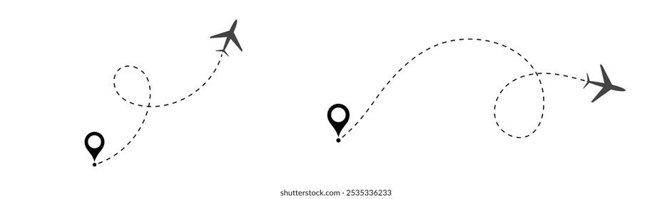 Airplane line path vector icon. Airplane Plane routes line set. Planes dotted flight pathway. Plane paths. Aircraft tracking, planes, travel, vector symbol on transparent background.