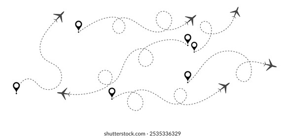 Icono de Vector de ruta de línea de avión. Conjunto de líneas de rutas de avión. Los aviones salpicaban la ruta de vuelo. Caminos planos. Rastreo de aeronaves, aviones, viajes, Vector sobre fondo transparente.