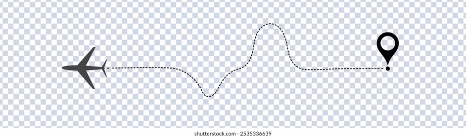 Airplane line path vector icon. Airplane Plane routes line set. Planes dotted flight pathway. Plane paths. Aircraft tracking, planes, travel, vector symbol on transparent background.