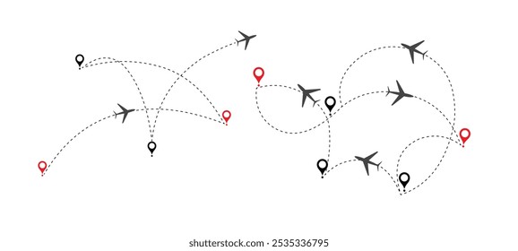 Ícone do vetor de trajetória da linha do avião. Avião Avião Avião Rotas Linha Set. Aviões pontilhados trajetória de voo. Caminhos planos. Rastreamento de aeronaves, aviões, viagens, símbolo vetorial em fundo transparente.