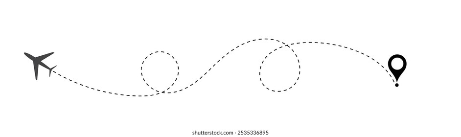 Airplane line path vector icon. Airplane Plane routes line set. Planes dotted flight pathway. Plane paths. Aircraft tracking, planes, travel, vector symbol on transparent background.