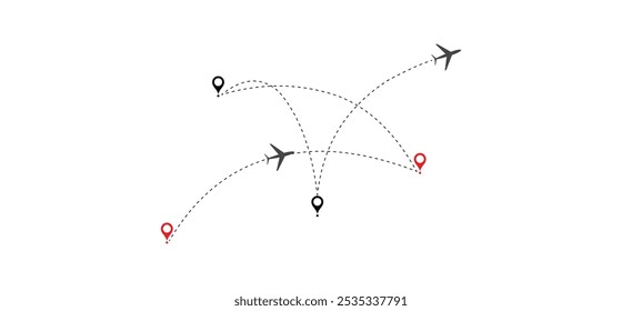 Airplane line path vector icon. Airplane Plane routes line set. Planes dotted flight pathway. Plane paths. Aircraft tracking, planes, travel, vector symbol on transparent background.