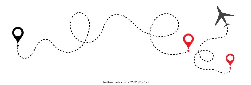 Airplane line path vector icon. Airplane Plane routes line set. Planes dotted flight pathway. Plane paths. Aircraft tracking, planes, travel, vector symbol on transparent background.