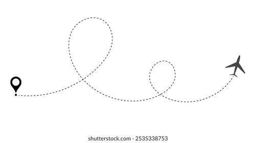 Airplane line path vector icon. Airplane Plane routes line set. Planes dotted flight pathway. Plane paths. Aircraft tracking, planes, travel, vector symbol on transparent background.