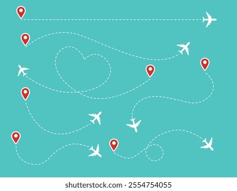 Airplane line path vector icon of air plane flight route with map pins, GPS points