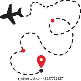 Airplane line path vector icon of air plane flight route with start point and dash line trace and Airplane line path vector icon of start point and dash line trace for air