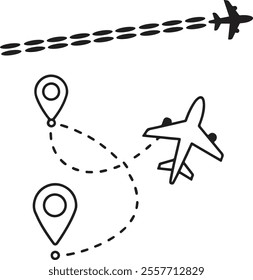 Airplane line path vector icon of air plane flight route with start point and dash line trace and Airplane line path vector icon of start point and dash line trace for air