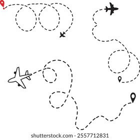 Airplane line path vector icon of air plane flight route with start point and dash line trace and Airplane line path vector icon of start point and dash line trace for air