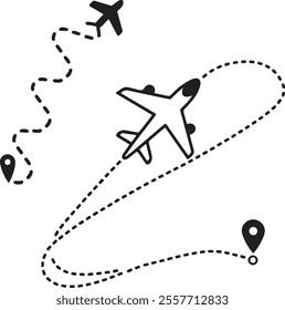 Airplane line path vector icon of air plane flight route with start point and dash line trace and Airplane line path vector icon of start point and dash line trace for air