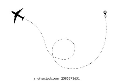 Airplane line path vector icon showing a flight route with start point and dash line trace. Simple flat vector travel concept for aviation, tourism, or transportation projects.