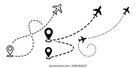 A Airplane line path vector icon of air plane flight route with start point and dash line trace Vector illustration with white background
