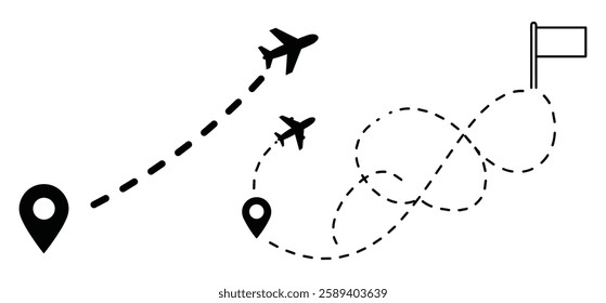 A Airplane line path vector icon of air plane flight route with start point and dash line trace Vector illustration with white background
